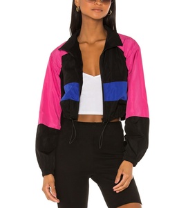 Custom Women's <b>Pink</b> Black Nylon Cropped Windbreaker <b>Waterproof</b> <b>Jacket</b> Streetwear Polyester Color Block <b>Jacket</b> - Product Image 3