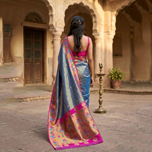 Sari en soie bleu royal, finition lumineuse, tissage riche en Zari |   Robe de mariée indienne traditionnelle, longue, sans plis, élégante - Product Image 3