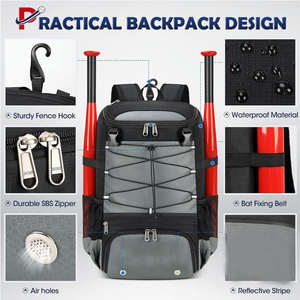 Sac à dos de baseball multifonctionnel 56L, sac de softball imperméable, rangement pour bâtons, gants, casque et chaussures pour hommes - Product Image 4