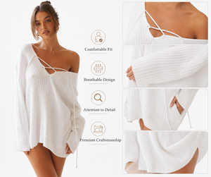 Pull en tricot côtelé blanc à épaules dénudées, style japonais, éco-responsable, à manches longues, pour femme, grande taille, décontracté, pour l'hiver et l'automne - Product Image 3