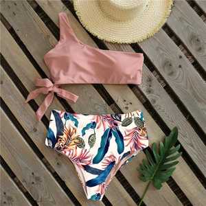 Conjunto de Bikini de Una Sola Pieza para Mujer, Estampado Floral, Parte Inferior de Cintura Alta, Top Bandeau Asimétrico, Traje de Baño de Spandex y Poliéster - Product Image 1