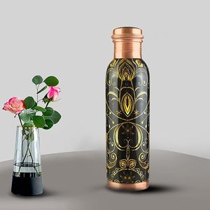 Luxury Printed Copper Water <b>Bottle</b> Pure Ayurvedic Copper Vessel Gold Floral Design Leakproof Sports Yoga Drinkware - Product Image 3