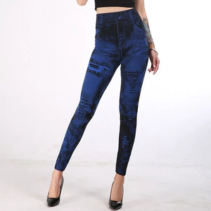 Leggings en jean imprimé taille haute pour femme, longueur cheville, décontractés, extensibles, bleu, en Spandex et Polyester, respirants, style automne - Product Image 1