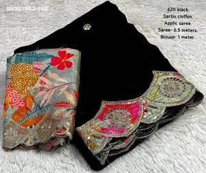 <b>Top</b> Quality Satin Chiffon with Applique work Butti & Border & Scallop Border Saree-Digital Print Colorful Blouse <b>Indian</b> Supplier - Product Image 4