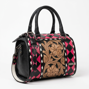2026 New Luxury 100% Genuine <b>Leather</b> Mini Speedy <b>Duffle</b> <b>Bag</b> With Floral Tooling Pink With Black Checkered Pattern Zipper Closure - Product Image 2