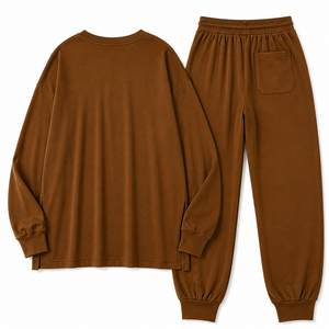 Ensemble de survêtement marron personnalisé avec logo, manches longues, col rond, pantalon de jogging, tenue décontractée deux pièces, vente en gros OEM, marque privée - Product Image 4