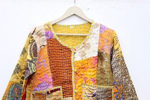 Coloré Patchwork Kantha matelassé soie coton veste réversible Boho femmes robe avec petits boutons longue veste 2 voies pour l'automne - Product Image 5