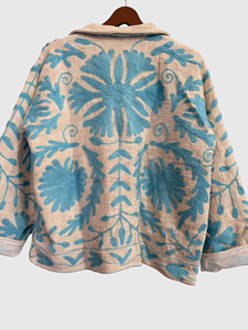 Veste en lin et coton à motif floral brodé à la main, coupe ample, col rabattu, manches chauve-souris, grande taille, vêtements de printemps pour femmes - Product Image 3