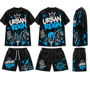 Conjunto de Camiseta y Pantalones Cortos Urban Reign para Hombre, Estampado, Estilo Urbano, Verano, Cuello Redondo, Transpirable, 100% Algodón, Tejido Suave, Dos Piezas - Product Image 3