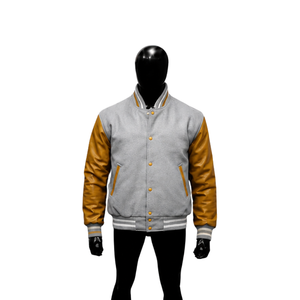 Veste universitaire personnalisée en argent avec manches jaune doré, veste bomber classique pour homme, style universitaire, vente en gros - Product Image 1
