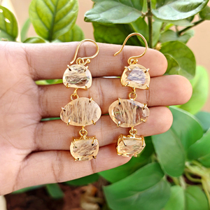Natural golden rutile quartz triple drop <b>earrings</b> 18k gold plated <b>hook</b> dangle gemstone jewelry prong setting stone ear adornment - Product Image 3