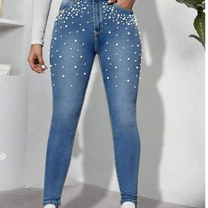 Vaqueros anchos de lujo con perlas para mujer, lavado claro y estilo urbano moderno, pantalones de mezclilla con perlas para mujer - Product Image 4