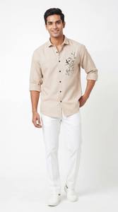 Chemise en lin pour homme avec broderie raffinée, manches longues, col ouvert, coupe classique, boutonnée devant, style décontracté chic, mode resort - Product Image 2