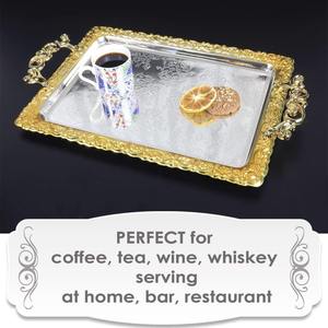 Bandeja para servir té y café al estilo turco con marco de metal dorado y superficie de espejo plateada, ideal para ocasiones especiales y regalos. - Product Image 4