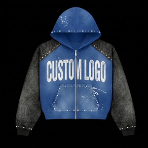 Felpa con cappuccio ricamata con logo personalizzato, in denim acid wash, con zip, patchwork e strass, oversize, taglio boxy, da uomo, con grafiche. - Product Image 1