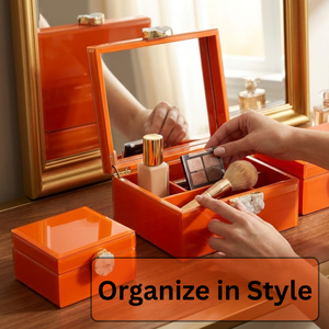 Juego de Cajas Decorativas de Vidrio Lacado Naranja de Lujo con Perilla de Cristal | Cajas Organizadoras de Joyería Premium para Decoración del Hogar - Product Image 5