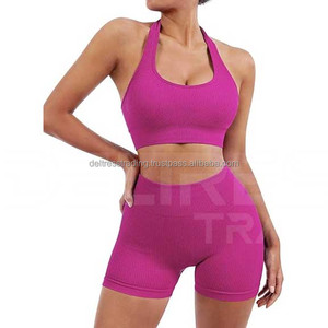 Leggings de soutien-gorge de Yoga taille haute pour femmes Logo personnalisé ensemble d'entraînement de Fitness en deux pièces motif solide matériau Spandex taille élastique - Product Image 5