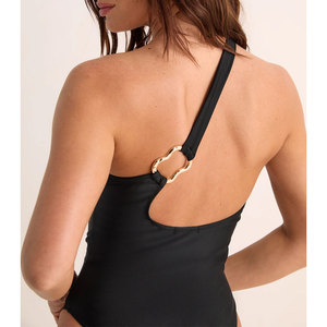 Traje de baño de una pieza asimétrico de un solo hombro para mujer, corte alto, elástico, color negro liso - Product Image 2
