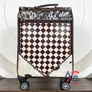 Handcrafted Tan & Brown Checkered Fur Leather Rolling Luggage <b>Suitcases</b> Trendy Designer Large Capacity Carry-On Travel luggage - Product Image 1