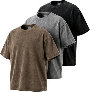 Men's Garment Dyed Knitted Cotton T-Shirt Short Sleeve O-Neck Solid Color Casual Loose Fit Acid Washed High Quality Custom <b>Logo</b> - Product Image 1