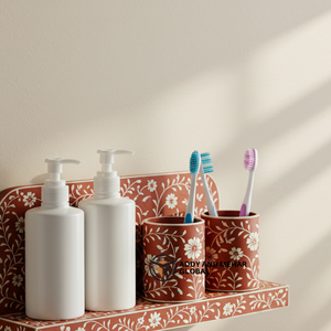 Handcrafted Floral Bone Inlay Bathroom Organizer <b>Set</b> Wall-Mounted Vanity Shelf with Dual <b>Soap</b> Dispensers and Toothbrush Holders - Product Image 2
