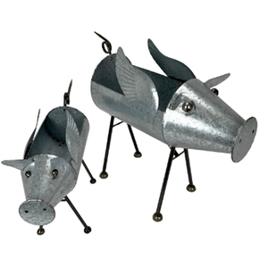 Juego de 2 Macetas con Forma de Cerdo Volador, Metal Galvanizado Gris, Decoración Rústica para Jardín, Macetas Originales para Interiores y Exteriores - Product Image 1