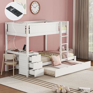 Letto a castello bianco con due letti singoli, letto estraibile con contenitore e scrivania - per bambini - Product Image 3