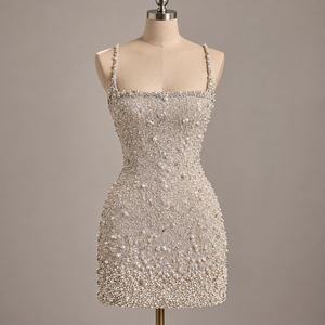 Elegant Beaded Pearl <b>Floral</b> Breathable Vintage Mini <b>Dress</b> Spaghetti Strap Bodycon Fitted <b>Cocktail</b> Party Woven Fabric Sleeveless - Product Image 1