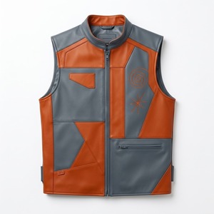 Chaleco de Cuero Genuino para Hombre, Estilo Motero, con Bloques de Color Geométricos, Logotipo Grabado y Cuello Alto - Product Image 1