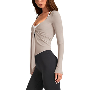 Women Deep V Neck Twist Yoga <b>Top</b> Full Sleeve Solid Color Draped Activewear Shirt - Product Image 2