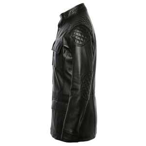 Men's Genuine <b>Leather</b> Moto <b>Jacket</b> Stand Collar Zipper Closure Solid Color Regular Sleeve Autumn <b>Winter</b> - Product Image 6
