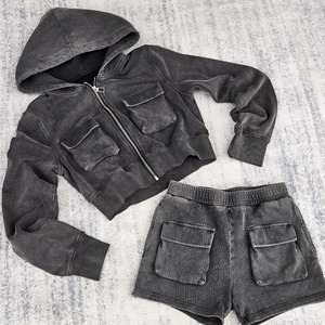 Service OEM, prix bas, ensemble de shorts pour femmes en tissu délavé, impression de logo personnalisée, décontracté, 100% coton, respirant, séchage rapide - Product Image 6