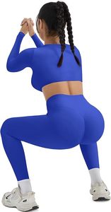 Seamless Yoga Set <b>Women</b> High Waist <b>Leggings</b> Crop Top Full Sleeve Sport Wear Two Piece Gym Outfit Stretchable Activewear - Product Image 5