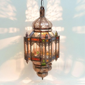 Moroccan <b>Brass</b> <b>Lantern</b> Hanging Ceiling Light Multicolor Stained Glass Home Decoration - Product Image 3