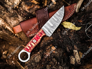 มีดแค้มปิ้งใบตายเหล็กดามัสกัสทำมือ คุณภาพสูง คมกริบ พร้อมรูสำหรับนิ้วมือ ด้ามไม้ปักก้า หุ้มหนัง - Product Image 4