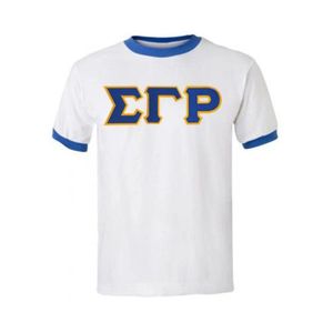 Custom Sigma Gamma Rho Lettered Ringer <b>Shirt</b> <b>White</b> <b>Women</b> Greek Sorority <b>Short</b> <b>Sleeve</b> Crew Neck Contrast Trim Casual Cotton - Product Image 1