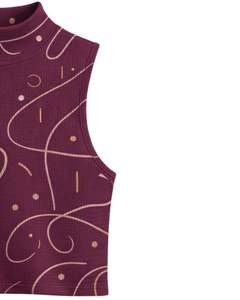 เสื้อครอปแขนกุดคอสูงสีแดงไวน์แบบมีริ้ว แต่งลายเส้นนามธรรม ทรงเข้ารูป ยืดหยุ่นได้ แฟชั่นสำหรับผู้หญิง - Product Image 3