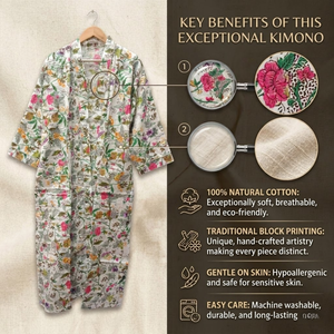 Bata Kimono de Algodón con Estampado Floral, Blanca, Manga Larga, Bolsillo Frontal, Cinturón con Cordón, Ligera, para Descansar o Baño - Product Image 4