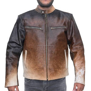 Chaqueta de Motociclista de Cuero Genuino con Estampado de Vaca para Hombre MH, Cuello Redondo, Cierre de Cremallera, Color Marrón, Transpirable, de Secado Rápido, para Invierno - Product Image 1
