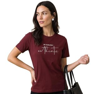T-shirt en coton marron pour femme, col rond, manches courtes, imprimé authentique, tissu jersey, coupe classique, toutes saisons - Product Image 1