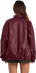 Women's <b>Burgundy</b> PU <b>Leather</b> Woven Bomber <b>Jacket</b> Full Sleeve Stand Collar Zipper Closure Front Logo Autumn Windproof Style - Product Image 6