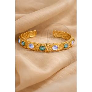 Gold Plated Textured Cuff Bangle with Labradorite & Moonstone Handmade <b>Gemstone</b> <b>Bracelet</b> Adjustable Open Bangle Jewelry - Product Image 2