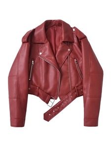 Veste courte en peau de mouton tricotée pour femme, style motard décontracté, avec ceinture, fermeture éclair et revers, coupe ample, pour l'hiver - Product Image 3