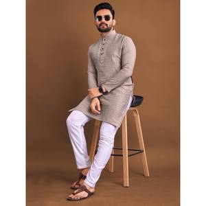 FANTAISIE SOIE DOUCE JACQUARD BUTTI TRAVAIL HOMME KURTA AVEC PYJAMA GRIS - Product Image 1