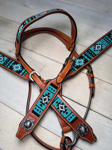 Têtière et collier de poitrail pour cheval en cuir bleu sarcelle perlé, style western, confortables pour le cavalier, durables, en cuir naturel souple. - Product Image 2