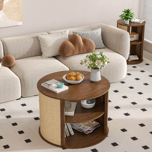 Mesa de centro redonda de estilo bohemio con estantes de almacenamiento de 2 niveles Acabado de tela de saco para sala de estar - Product Image 5