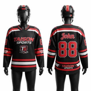 เสื้อฮอกกี้น้ำแข็งสำหรับผู้ชาย ผ้าโพลีเอสเตอร์ตาข่ายพรีเมียม 240 GSM ทนทาน สีดำ แดง ขาว แผงไหล่สั้น ปักชื่อและหมายเลขด้านหน้าได้ - Product Image 1