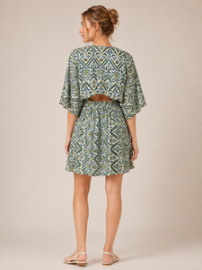 Wholesale Geometric Print Western <b>Dress</b> Deep V Neck Kimono Half Sleeve <b>Elastic</b> Waist Cutout Back Casual Summer Comfortable Wear - Product Image 4
