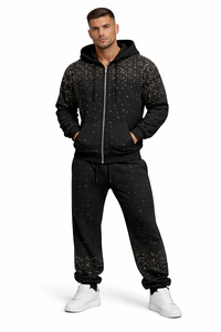Ensemble de survêtement unisexe noir uni en coton 100% écologique et respirant avec strass, sweat à capuche et pantalon de jogging à cordon de serrage - Product Image 5