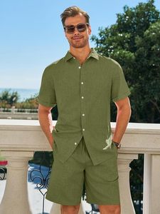 Ensemble 2 pièces pour homme, manches courtes, chemise boutonnée décontractée en lin et short, tenue de plage estivale - Product Image 2